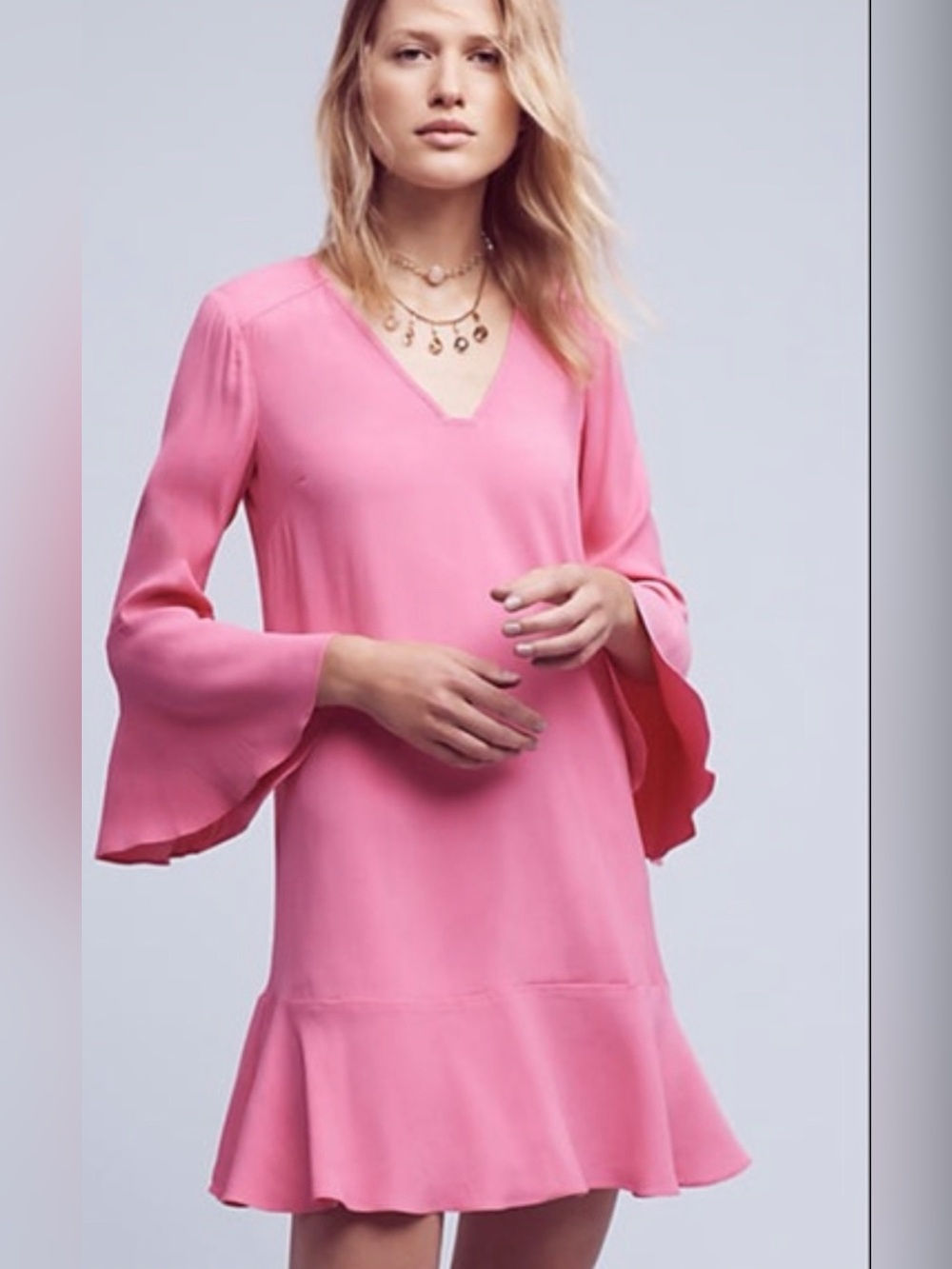 Anthropologie HD in Paris Women Pink Bell Sleeves V Neck Shift Dress Size 4